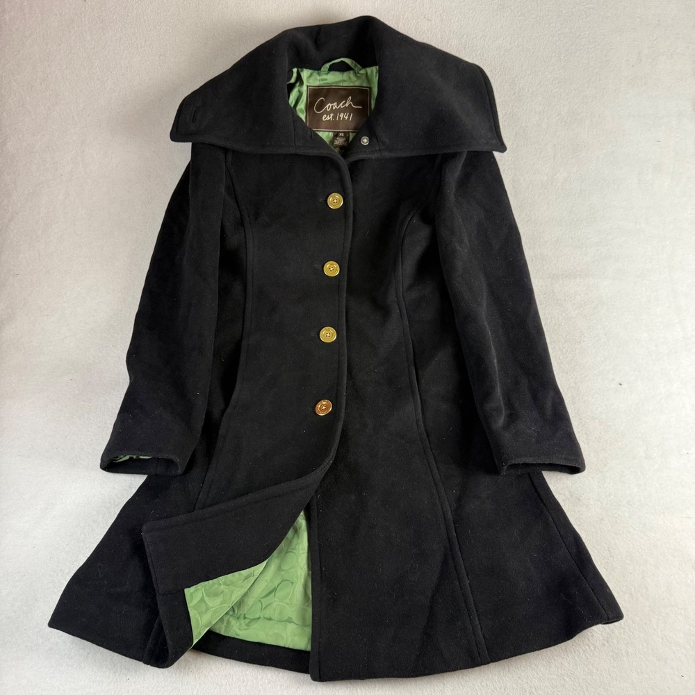 Coach Est. 1941 Women Black Wool Angora Blend Trench Coat Green Logo Lining XS